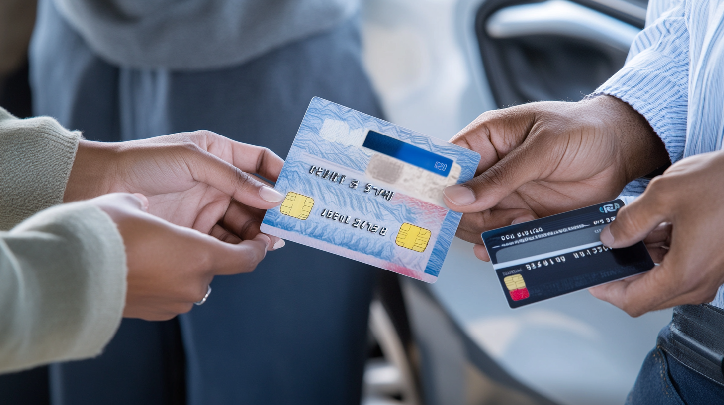 Guy renting a car paying with credit car