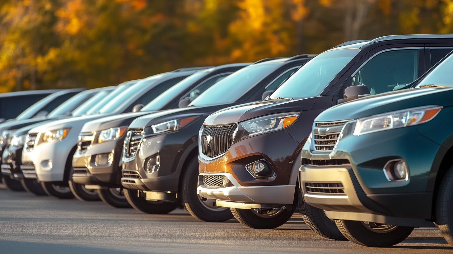 A lineup of different vehicle types (economy, luxury, SUVs) available for long-term rentals, showing variety and choice for different rental needs