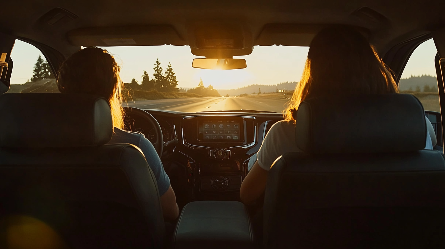 Young couple drives off into the sunset